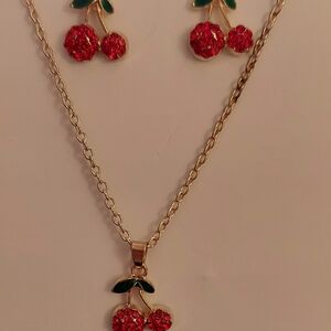 Designer Style Luxury Cherry Rhinestone Necklace Earrings Set Gold Tone